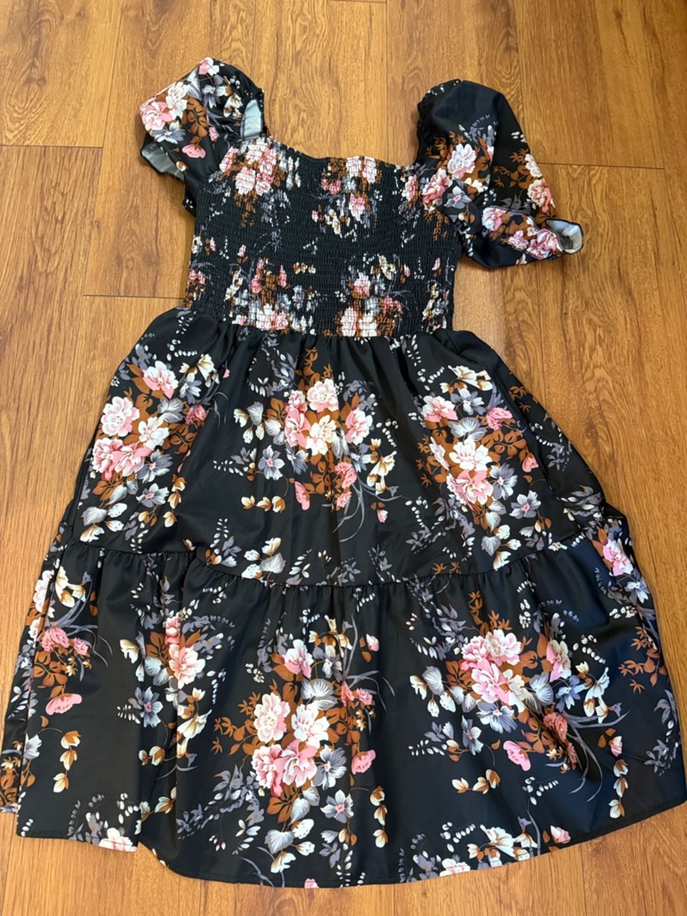 Girls Black Floral Smocked Dress
